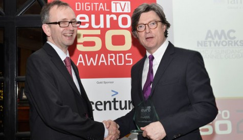 HBO Europe's Antony Root receiving the Content Executive Award from DTVE editor, Stuart Thomson